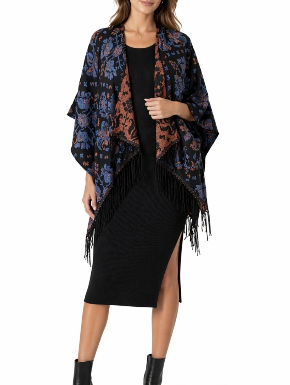 Hollister Black Blue & Rust Damask Print Soft Fringed Oversized Cardigan…